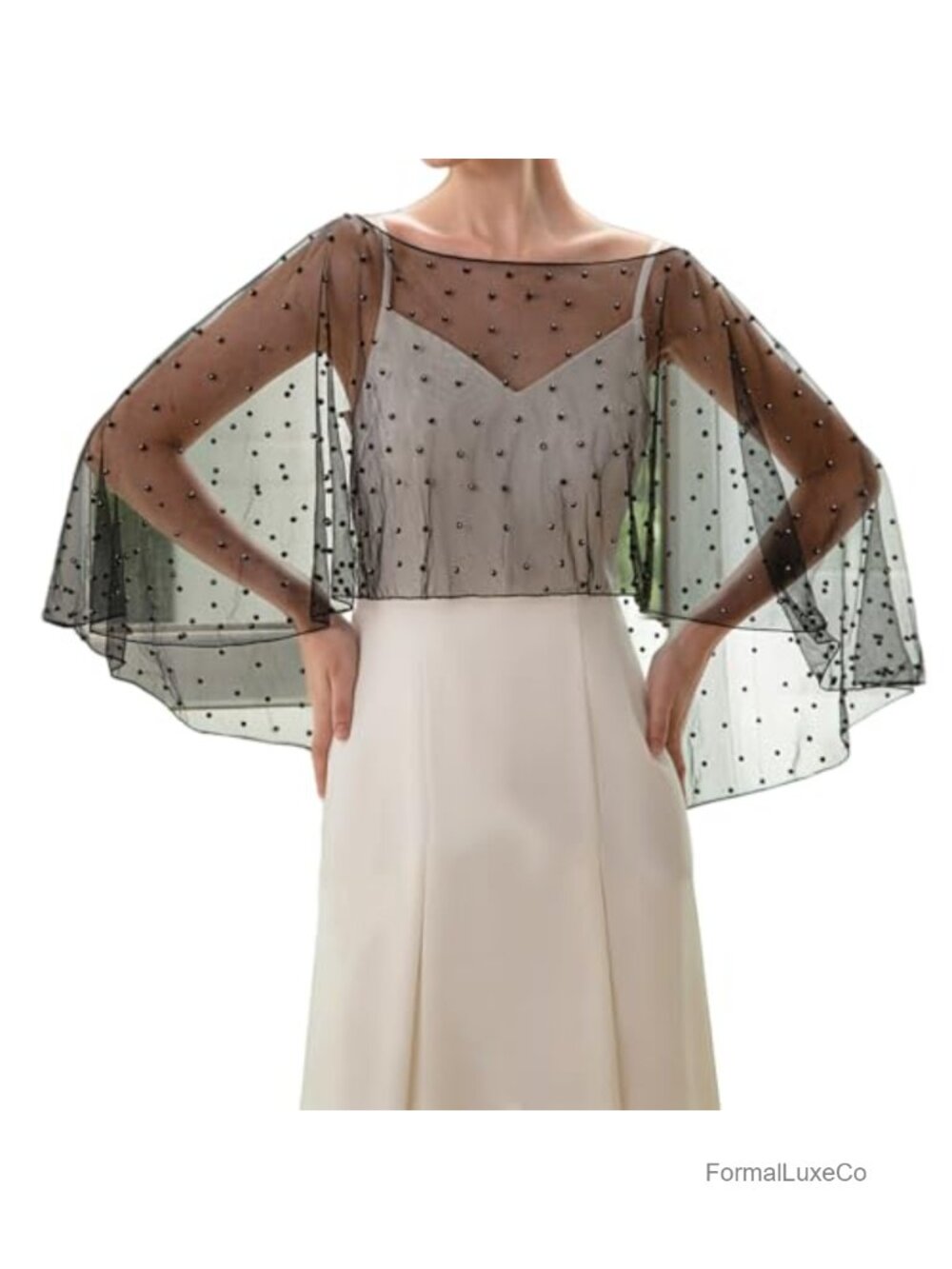 Sheer Mesh Tulle Lace Pearl Beaded Bridal Cape Boat Neck See Through